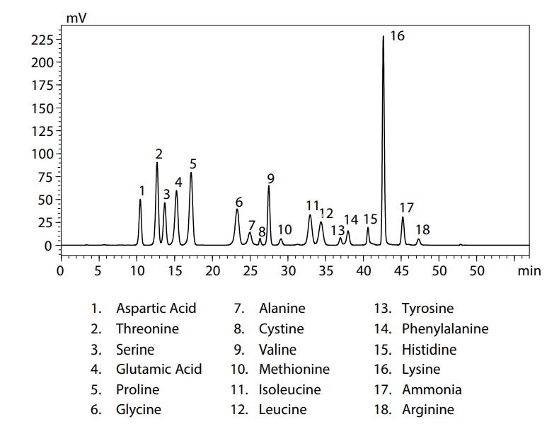 Chromatogram of the analysis of amino acids in protein powder using the Nexera Post-Column Amino Acid Analysis System